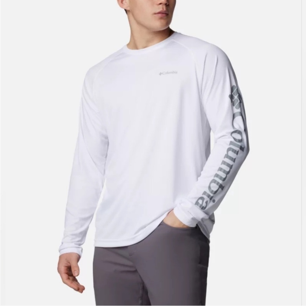 Columbia Men’s Logo Omni-Shade Long Sleeve White Tee Shirt